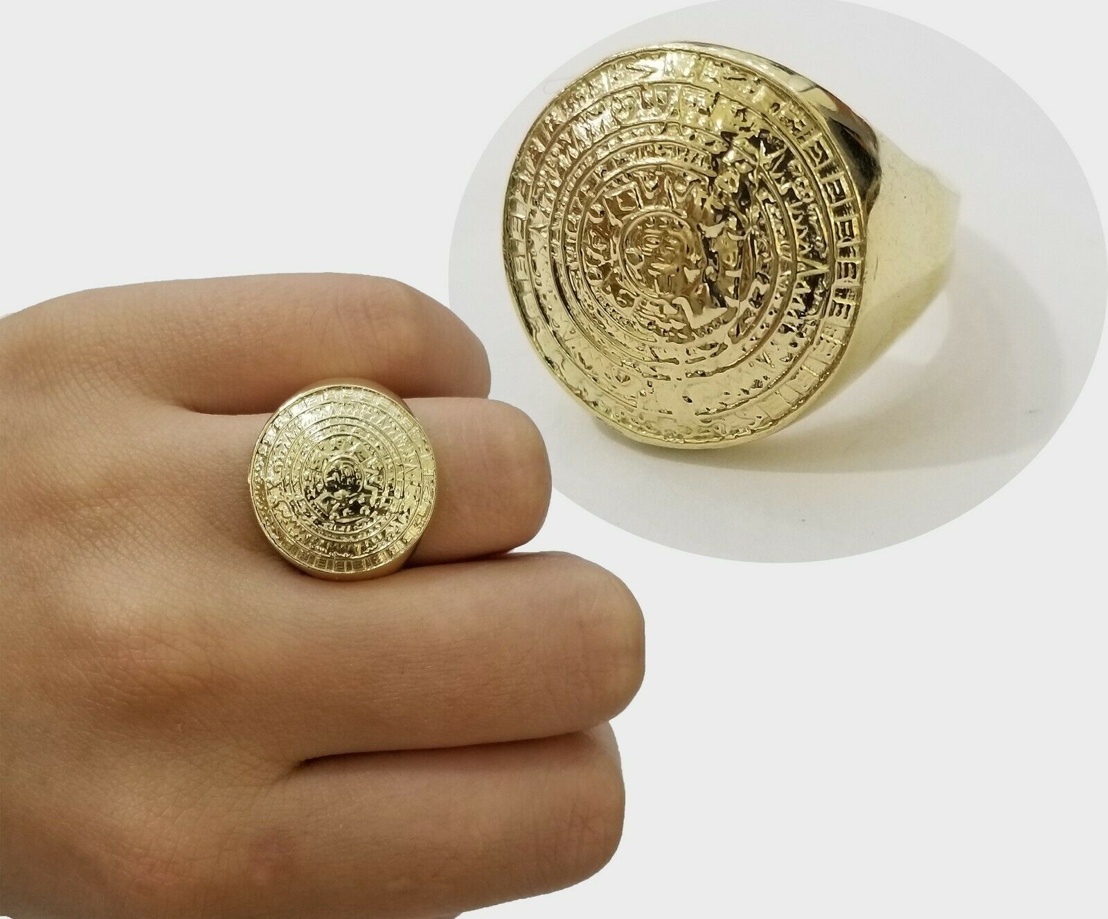 GOLD Mens Ring Aztec Mayan Solid 10k Yellow Gold Sun Calendar 10 KT REAL Gold - GoldenlinQ